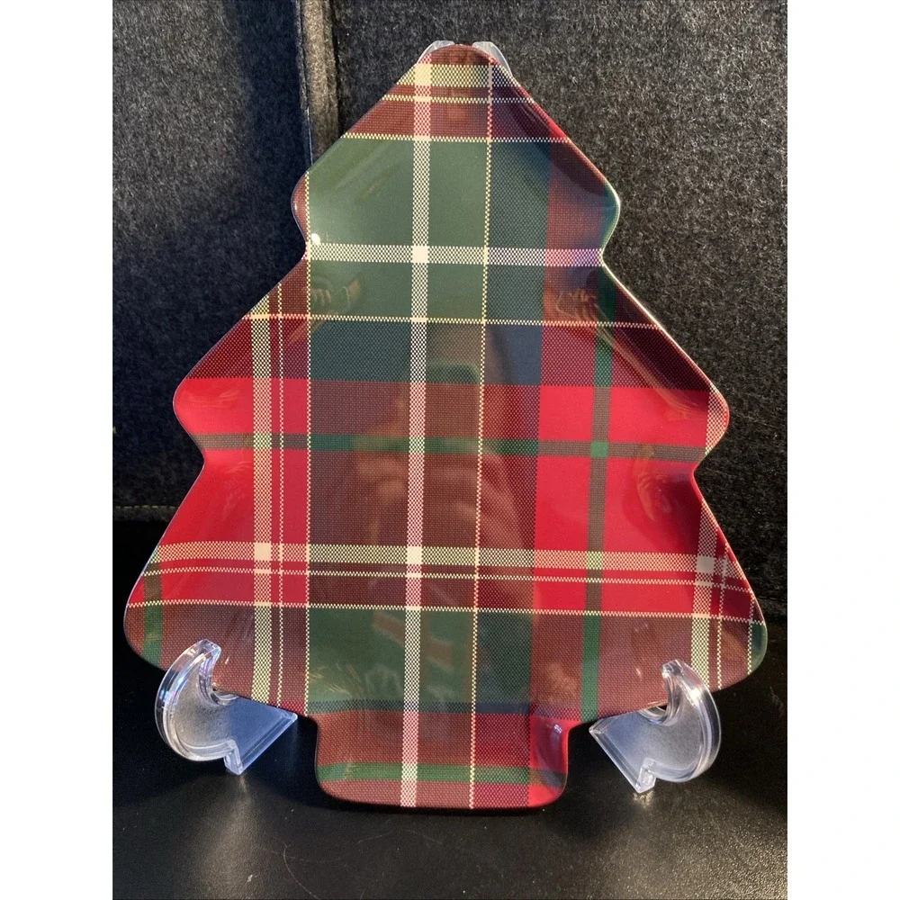 TOMMY BAHAMA Set Of 2 Christmas Tree  PLAID Tartan SERVING PLATTER TRAY Melamine